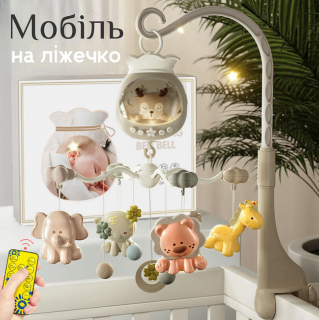 Мобиль детский ночник генератор белого шума на кроватку с проектором пультом управления музыкальная вращающаяся карусель с игрушками аккумуляторный с мелодиями таймером универсальный для новорожденных малышей сна отдыха детской комнаты серо белый (101238) - изображение 2
