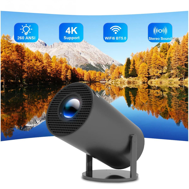 Портативный мини проектор Projector HY300 Ultra HD 4K до 130 дюймов, HDMI, поддержка Android и iOS, Bluetooth 5.0, Wi-Fi 6, мультимедийный домашний кинотеатр black - изображение 2
