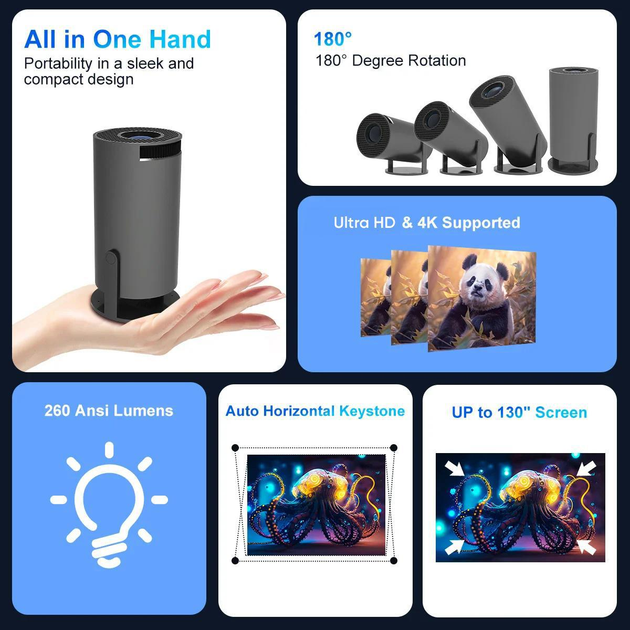 Портативный мини проектор Projector HY300 Ultra HD 4K до 130 дюймов, HDMI, поддержка Android и iOS, Bluetooth 5.0, Wi-Fi 6, мультимедийный домашний кинотеатр black - изображение 3