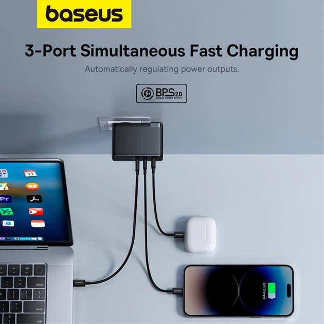 Мережевий зарядний пристрій адаптер Baseus GaN5 Pro Digital Fast Charger |2C+U, 160W/3A, PD3.1/QC| + кабель USB Type-C to USB Type-C 1m Чорний - зображення 5