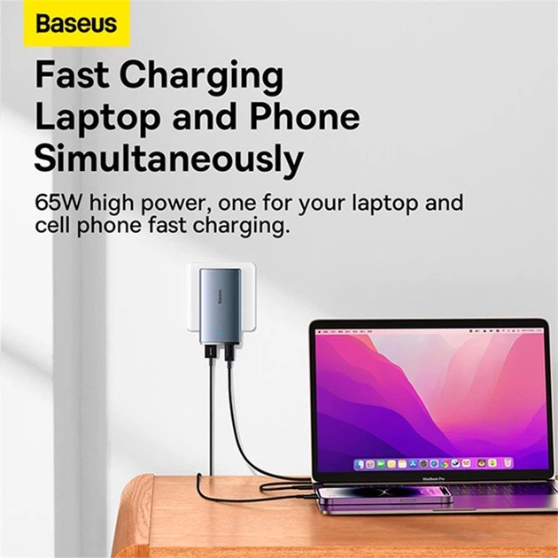Мережевий зарядний пристрій адаптер Baseus GaN5 Pro Ultra-Slim 65W Type-C + USB з функцією швидкої зарядки |QC3.0+PD3.0| + Кабель Type-C to Type-C |100W 1m| Сірий - зображення 12