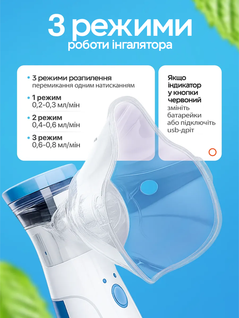 Портативный бесшумный небулайзер MESH Nebulizer "JSL-W302" с меш технологией, ультразвуковой мембранный ингалятор с функцией парового распылителя для дыхания и ингаляций при бронхите для взрослых и детей (Бело-синий / 5V / на батарейках) - изображение 6