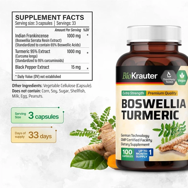 Добавка преміум-класу куркума босвеллія Bio Krauter Boswellia Turmeric 100 капсул - Фото 3 Добавка преміум-класу куркума босвеллія Bio Krauter Boswellia Turmeric 100 капсул - зображення 3