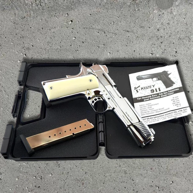 Стартовий пістолет Kuzey 911 shiny chrome (Colt 1911) + патрони 25шт + кейс + 1 магазин - изображение 4