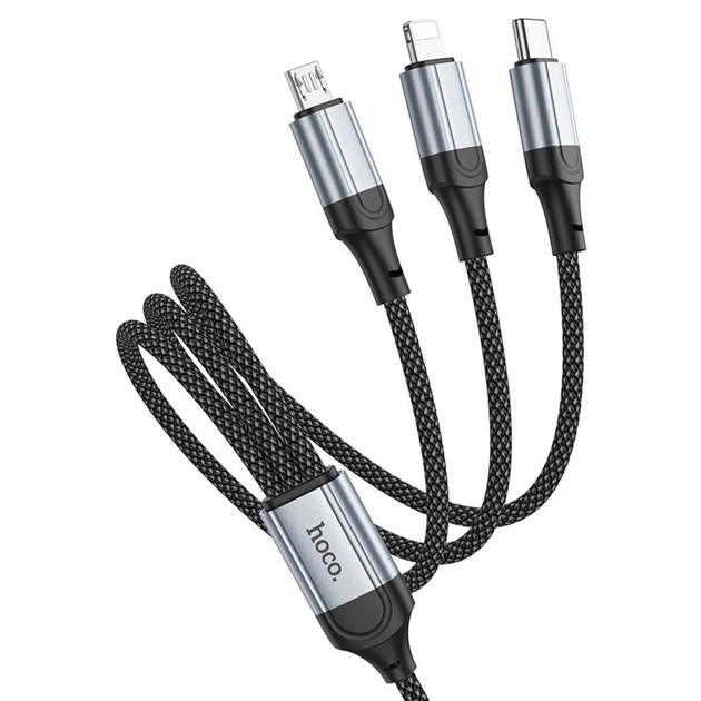 Кабель HOCO X102 Fresh 3-in-1 charging data cable USB to Lightning+Type-C+Micro-USB 1m Black (6942007608794) - Фото 3 Кабель HOCO X102 Fresh 3-in-1 charging data cable USB to Lightning+Type-C+Micro-USB 1m Black (6942007608794) - зображення 3