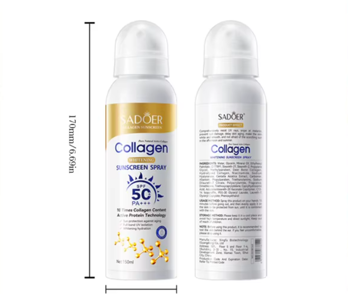 Отбеливающий солнцезащитный спрей для лица с коллагеном Sadoer COLLAGEN WHITENING SUNSCREEN SPF 50 PA+++, 150 мл (6942349738142) - Фото 2 Отбеливающий солнцезащитный спрей для лица с коллагеном Sadoer COLLAGEN WHITENING SUNSCREEN SPF 50 PA+++, 150 мл (6942349738142) - изображение 2