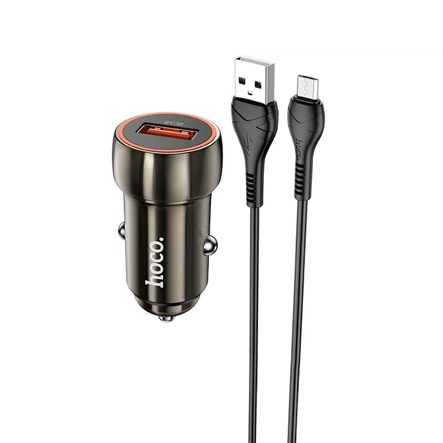 Адаптер автомобільний Hoco Micro USB Cable Blue shield single port Car charger Z46 |1USB, 18W/3A, QC| Колір Grey - Фото 1 Адаптер автомобільний Hoco Micro USB Cable Blue shield single port Car charger Z46 |1USB, 18W/3A, QC| Колір Grey - изображение 1