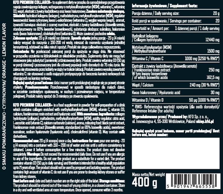 Suplement diety KFD Premium Collagen+ Pomarańcza-Cytryna 400 g (5901947665558) - obraz 2