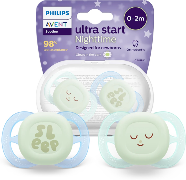 Smoczek ortodontyczny Philips AVENT Ultra start Nighttime 0-2m 2 szt SCF075/08 (8720689029049) - obraz 8