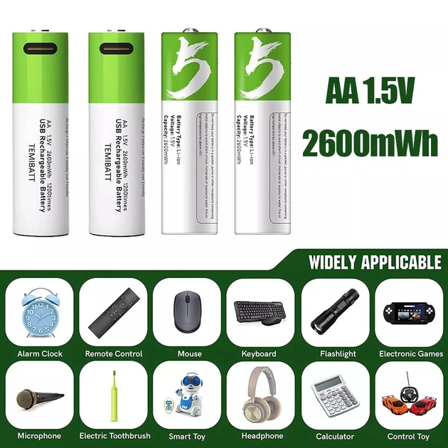 Акумуляторні батарейки Smartoools AA 1.5V 1700 mAh з USB-C зарядкою, 4 шт (Зелений) - изображение 3