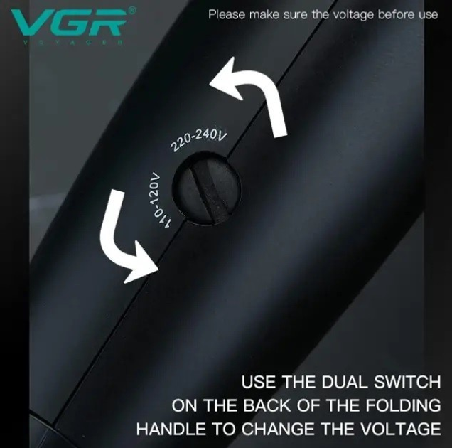 Фен для волос VGR V-439 1600W Черный, фен для укладки - сушилка для волос (фен для волосся), складная ручка - Фото 8 Фен для волос VGR V-439 1600W Черный, фен для укладки - сушилка для волос (фен для волосся), складная ручка - изображение 8