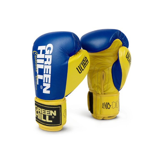 Перчатки бокс GREEN HILL ULTRA кожа синий/желтый 10oz - изображение 2
