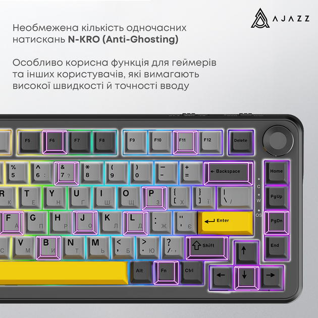 Ігрова дротова механічна клавіатура Ajazz AK820 MAX Magnetic switches-Black-Gray-Yellow-RGB - Фото 5 Ігрова дротова механічна клавіатура Ajazz AK820 MAX Magnetic switches-Black-Gray-Yellow-RGB - зображення 5