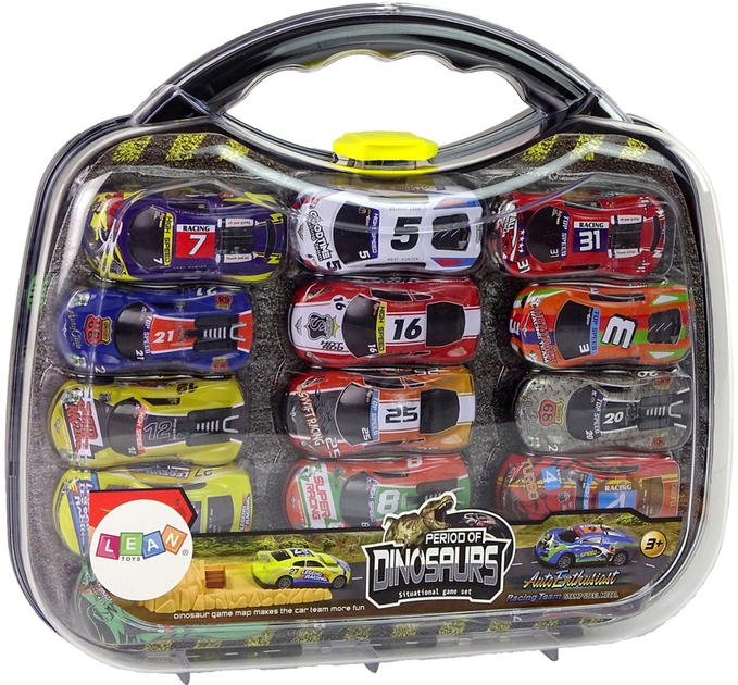 Набір іграшок LEAN Toys Спортивні автомобілі з динозаврами та дорожніми знаками + Чемодан + Аксесуари 12244 (5904665999882) - зображення 1