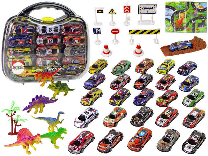 Набір іграшок LEAN Toys Спортивні автомобілі з динозаврами та дорожніми знаками + Чемодан + Аксесуари 12244 (5904665999882) - зображення 2