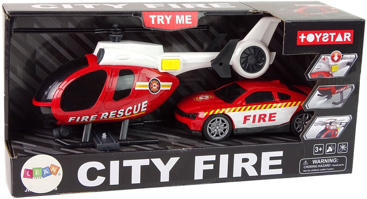Zestaw zabawek LEAN Toys ze światłami i dźwiękami Helikopter + Auto Straż pożarna Czerwony 12964 (5905323211407) - obraz 1