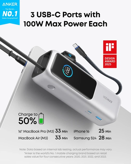 УМБ Anker 25000 mAh 165W PD/PIQ/QC Built-In Double USB-C Cables