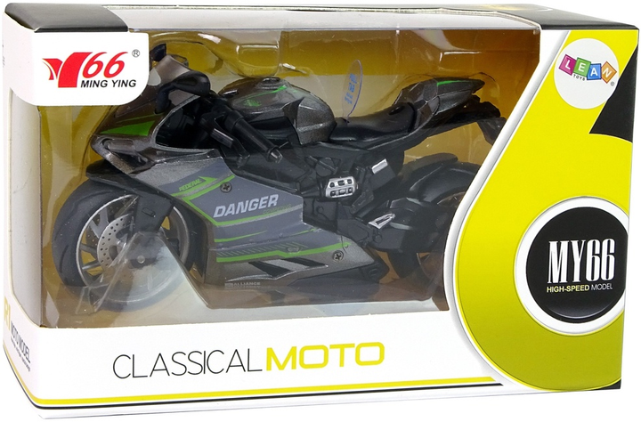 Zabawka LEAN Toys Motocykl sportowy z napędem pull-back ze światłem i dźwiękiem oraz z zielonymi pasami 1:12 Szary 12260 (5905214970369) - obraz 1