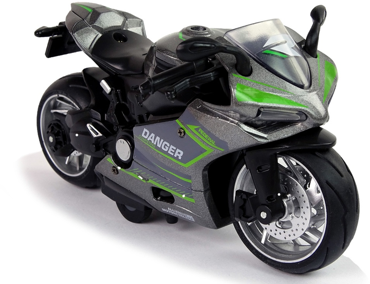 Zabawka LEAN Toys Motocykl sportowy z napędem pull-back ze światłem i dźwiękiem oraz z zielonymi pasami 1:12 Szary 12260 (5905214970369) - obraz 4