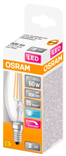 Світлодіодна лампа Ledvance LED CL B60 DIM 6,5Вт 4000К 230В FIL E14 4058075750005 - зображення 2