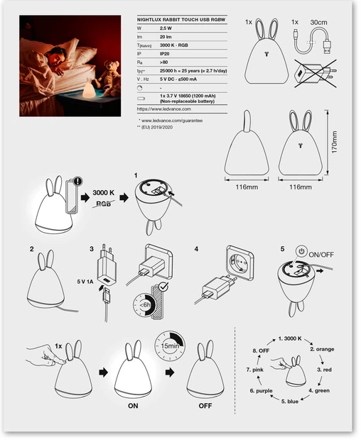 Нічник LEDVANCE NIGHTLUX TOUCH LED 2.5W Rabbit USB RGBW 4058075602113 - Фото 3 Нічник LEDVANCE NIGHTLUX TOUCH LED 2.5W Rabbit USB RGBW 4058075602113 - изображение 3