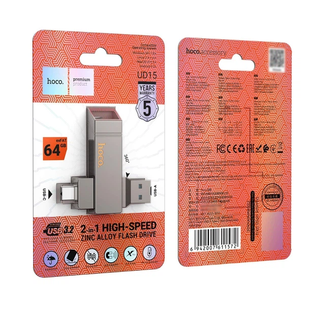 Флеш накопичувач USB Hoco UD15, 64GB, 2 в 1, USB 3.2, Type-C, металевий, gray - Фото 5 Флеш накопичувач USB Hoco UD15, 64GB, 2 в 1, USB 3.2, Type-C, металевий, gray - зображення 5