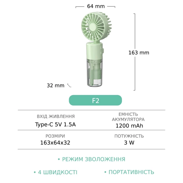 Ручной беспроводной вентилятор F2 с функцией увлажнения, 4 mode, 150ml, 3W, 1200mAh, green - Фото 2 Ручной беспроводной вентилятор F2 с функцией увлажнения, 4 mode, 150ml, 3W, 1200mAh, green - изображение 2