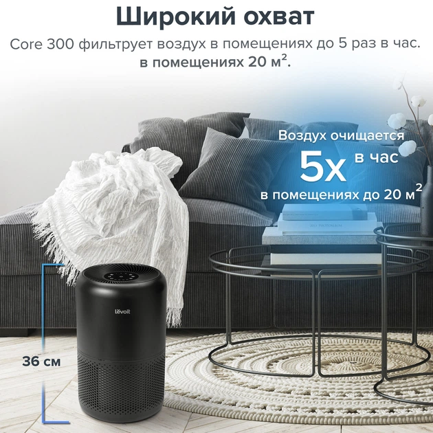 Очищувач повітря LEVOIT Core 300 Black з HEPA-фільтром H13 для видалення пилу, алергенів і запахів, до 40 м² - изображение 8