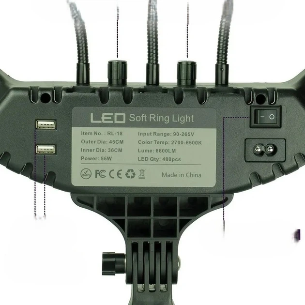 Лампа Кільцева LED CH RL-18 RGB 46cm 55W 2700-6500 К - Фото 5 Лампа Кільцева LED CH RL-18 RGB 46cm 55W 2700-6500 К - изображение 5