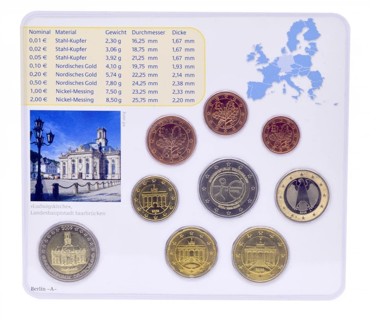 Набор монет Германия набор из 9 монет евро 2009 UNC A 1, 2, 5, 10, 20, 50 евроцентов, 1, 2 евро, памятная 2 евро Блистер - Фото 2 Набор монет Германия набор из 9 монет евро 2009 UNC A 1, 2, 5, 10, 20, 50 евроцентов, 1, 2 евро, памятная 2 евро Блистер - изображение 2