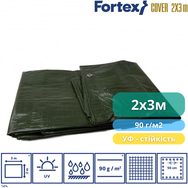 Тент захисний ламінований, водостійкий Fortex 2 х 3 м, 6 м2, 90 г/м2, зелений - зображення 2