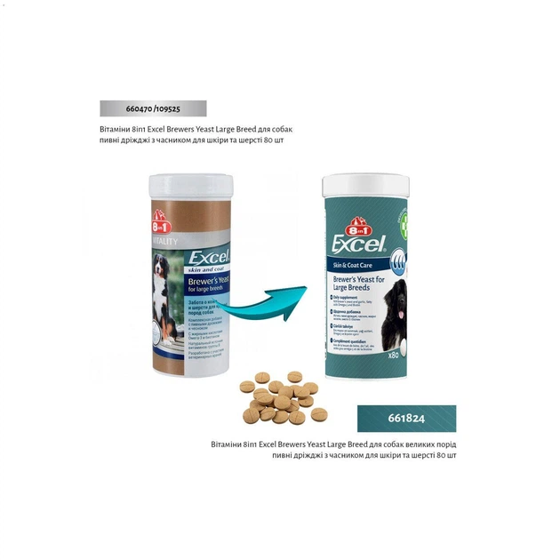 Витамины 8in1 Excel «Brewers Yeast Large Breed» для собак и кошек, пивные дрожжи с чесноком (для кожи и шерсти) 80 шт - изображение 2
