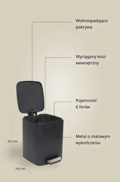 Kosz łazienkowy Nuxio Balvo 6L Czarny (5902973461572) - obraz 6