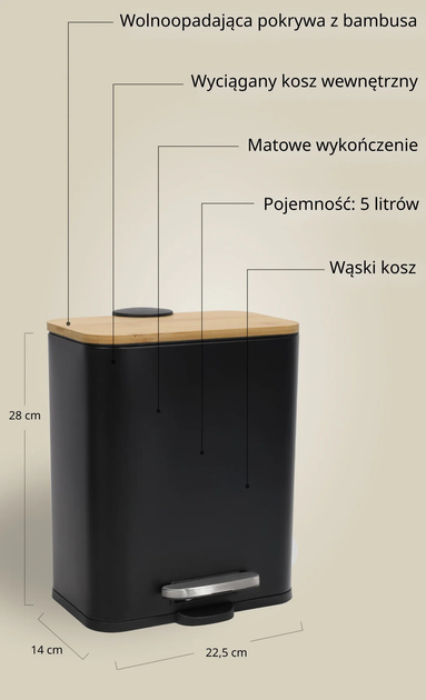 Кошик для ванної кімнати Nuxio Zetru вузький 5L Чорний (5902973461619) - зображення 9