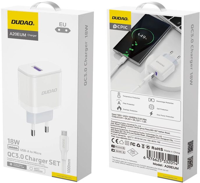 Мережевий зарядний пристрій Dudao A20EU USB-A 18W  + кабель USB-A - micro USB White (6976625332014) - зображення 4