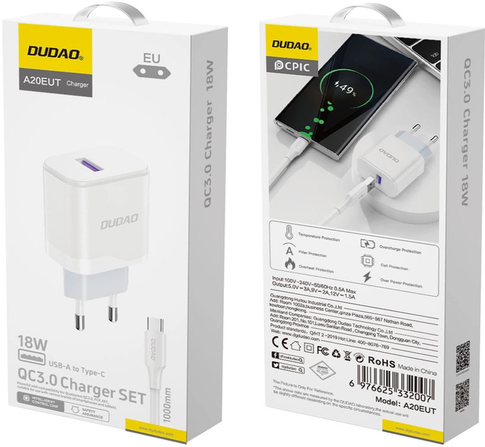 Ładowarka sieciowa Dudao A20EU USB-A 18W + kabel USB-A - USB-C White (6976625332007) - obraz 4