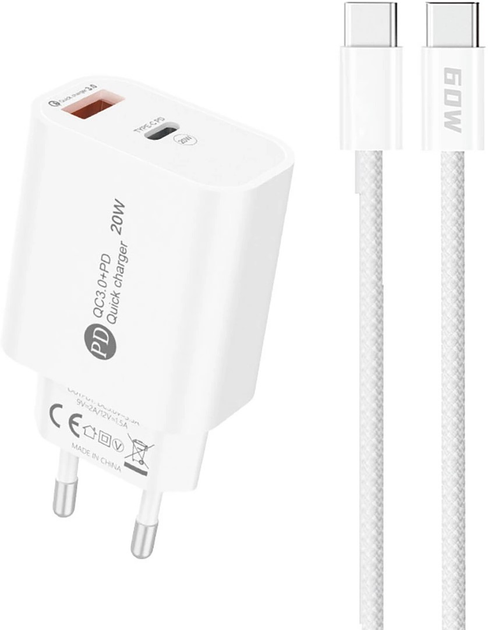 Ładowarka sieciowa Dudao A6MaxC USB-A USB-C 20W + kabel USB-C - USB-C 1m White (6977196680184) - obraz 1