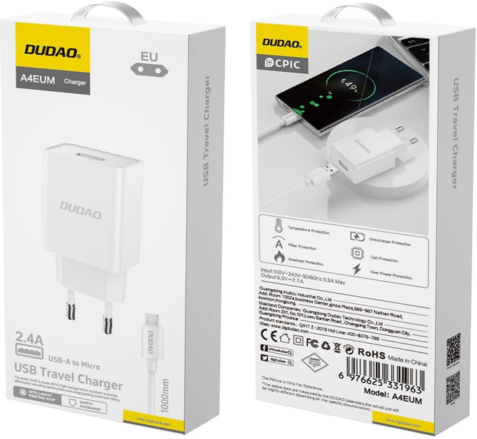 Ładowarka sieciowa Dudao A4EU USB-A 2.1A + kabel USB-A - micro USB White (6976625331963) - obraz 3