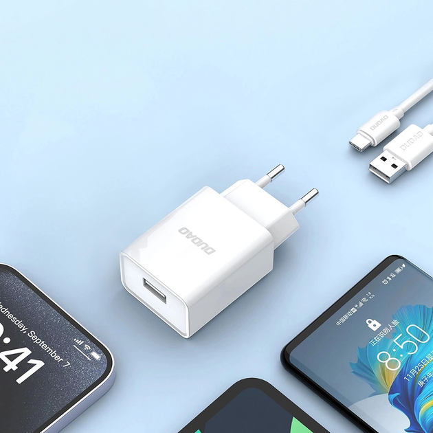 Мережевий зарядний пристрій Dudao A4EU USB-A 2.1A + кабель USB-A - USB-C White (6976625331970) - зображення 8