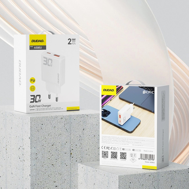 Ładowarka sieciowa Dudao A30EU 30W GaN USB-A / USB-C White (6976625332793) - obraz 8
