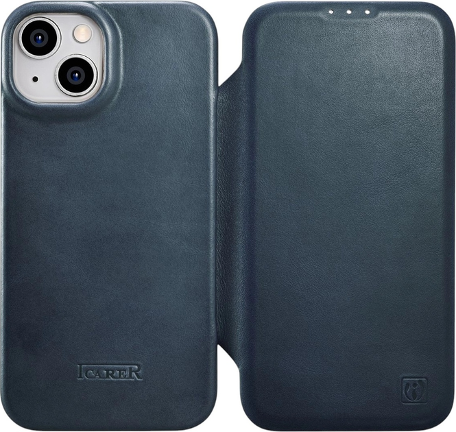 Чохол-книжка iCarer Curved Edge Oil Wax Real Leather Folio Case для Apple iPhone 14 Plus Navy Blue (AKI14220707-BU) - зображення 1