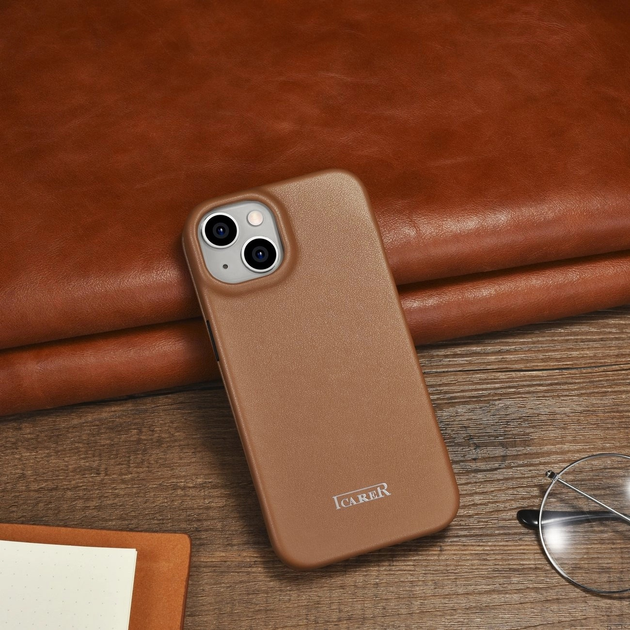 Чохол-книжка iCarer Curved Edge Real Cowhide Premium Leather Folio Case для Apple iPhone 14 Plus Brown (WMI14220715-BN) - зображення 18