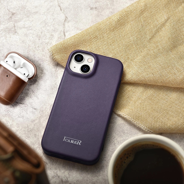 Чохол-книжка iCarer Curved Edge Real Cowhide Premium Leather Folio Case для Apple iPhone 14 Plus Dark Purple (WMI14220715-BN) - зображення 19
