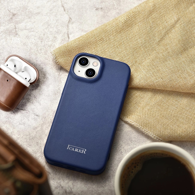 Etui z klapką iCarer Curved Edge Real Cowhide Premium Leather Folio Case do Apple iPhone 14 Plus Blue (WMI14220715-BU) - obraz 19