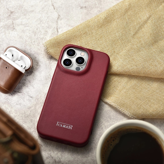 Etui z klapką iCarer Curved Edge Real Cowhide Premium Leather Folio Case do Apple iPhone 14 Pro Red (WMI14220714-RD) - obraz 19