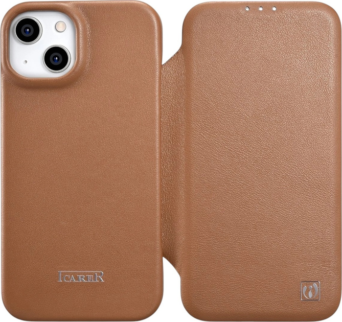 Etui z klapką iCarer Curved Edge Real Cowhide Premium Leather Folio Case do Apple iPhone 14 Brown (WMI14220713-BN) - obraz 1