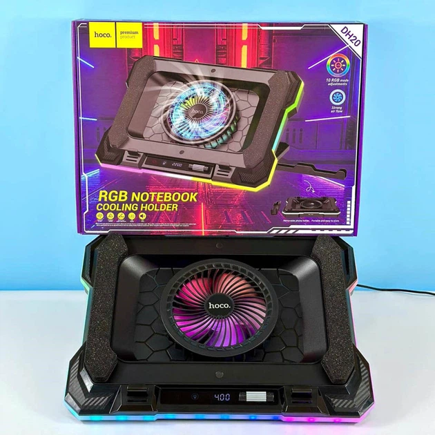 Кулер для ноутбука HOCO DH20, Monnlight RGB notebook cooling holder, 10RGB Mode, 7 level, 2USB, black - изображение 11