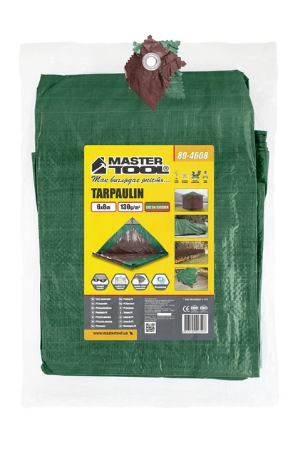 Тент MASTERTOOL GREEN/BROWN 6х8 м двосторонній 130 г/м² 89-4608 - Фото 2 Тент MASTERTOOL GREEN/BROWN 6х8 м двосторонній 130 г/м² 89-4608 - зображення 2