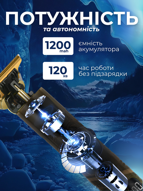 Професійна тример машинка для стрижки волосся Andowl Q-LF710X1 золота з керамічним лезом і led-дисплеєм 2 насадки акумулятор 1200 мАг потужний тример usb зарядка стрижка бороди та вусів чоловіча бездротова бритва для дому та барбершопу - зображення 3