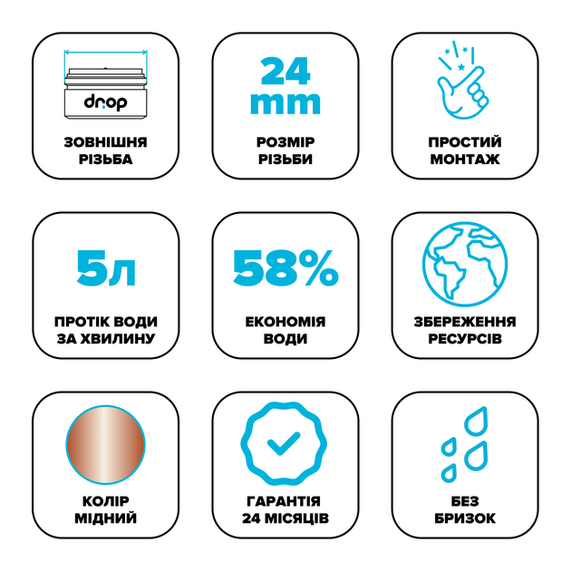 Водосберегающий аэратор DROP CL24-CPR для смесителя - Экономия 58%, внешняя М 24 мм, медный - изображение 6